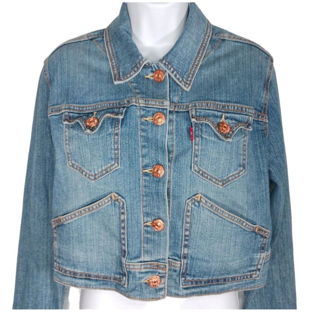 Levis Womens XL Cropped Blue Denim Trucker Jean Jacket Copper Buttons Boxy - Picture 4 of 11